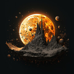 Surreal sci-fi scene of a floating rocky island against a glowing orange moon and scattered planets. Ideal for game art, book covers, posters, fantasy worlds, space illustrations and cinematic designs
