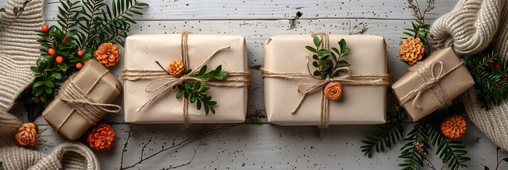 Eco-Friendly Gift Wrapping with Reusable Craft Boxes on Natural Wooden Background, Perfect for Minimalist Branding and Customizable Text Areas