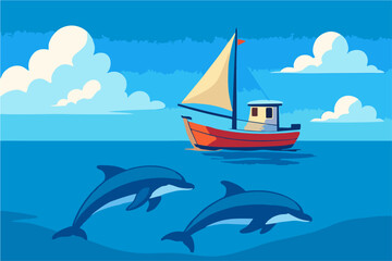sea ​​vector with fish and ship view