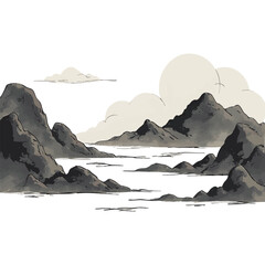 Landscape with rocky mountains and white clouds in the sky. Traditional oriental ink painting sumi-e, u-sin, go-hua