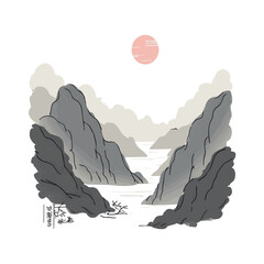 Landscape with rocky mountains and white clouds in the sky. Traditional oriental ink painting sumi-e, u-sin, go-hua