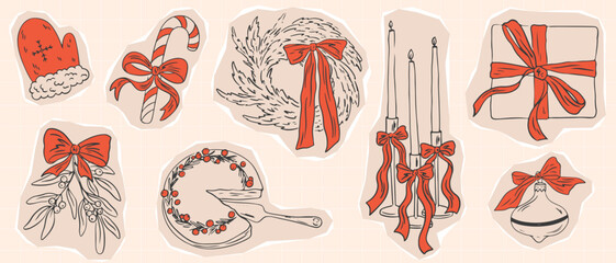 Hand drawn cut out scrapbook Christmas stickers set. Retro vintage new year party paper decor kit. Hand drawn whimsical vector torn craft paper shapes with funky texture for design collages
 
