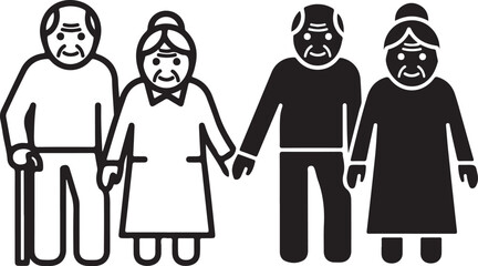 Senior citizens concept icons: outlined man with a cane, woman, and solid black man, woman. symbolizes aging, retirement, and elder care. isolated on white background, Vector, illustration