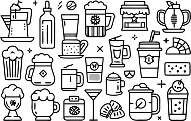 Fototapeta premium Coffee, tea, beer, and various drink line art icon collection