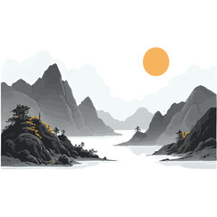 Landscape with rocky mountains and white clouds in the sky. Traditional oriental ink painting sumi-e, u-sin, go-hua