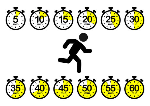 Running workout concept with a stick runner and stopwatches marking 5&ndash;60 minute intervals, symbolizing timed training, cardio and endurance goals.