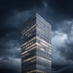 Fototapeta premium Illuminated skyscraper against a stormy sky.