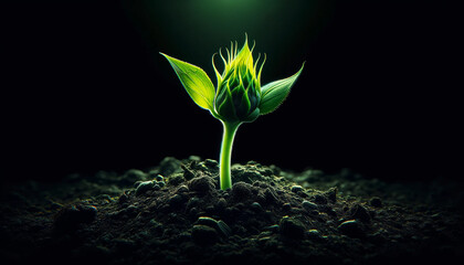 Green seedling sprout in soil on dark background, symbolizing growth, sustainability, eco startup and new life.Perfect nature concept banner with copy space for design and branding projects.