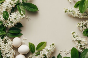 Delicate white flowers, lush green leaves and smooth eggs frame a neutral beige background
