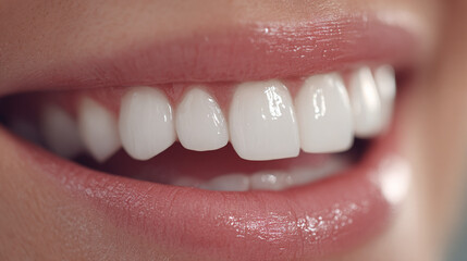 Close-up of a radiant smile, showcasing healthy, pearly-white teeth. The lips are subtly glossed