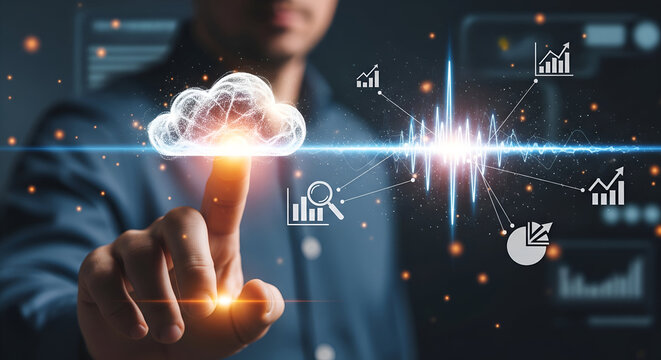 Man Touching Digital Cloud with Financial Growth Data