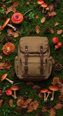 Backpack surrounded by mushrooms and autumn leaves on a mossy forest floor