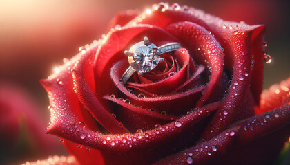 Sparkling diamond engagement ring nestled in dewy red rose petals, romantic luxury background perfect for Valentine’s Day, wedding proposal, fine jewelry branding and greeting cards.