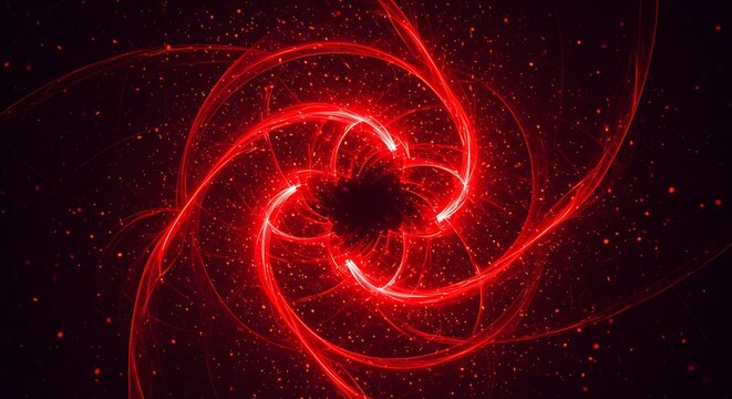 Abstract swirling red energy vortex with glowing particles against a dark background, representing cosmic phenomena or power - Powered by Adobe