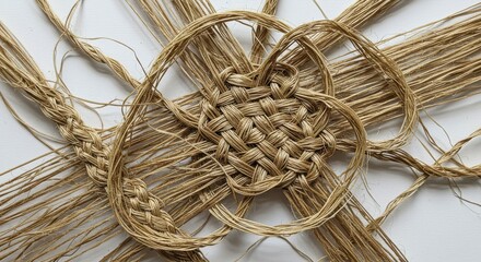Close up of a woven straw heart with radiating straw isolated on white background