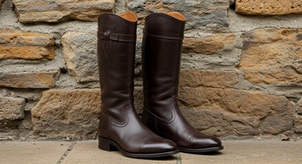 Dark brown leather riding boots displayed against stone wall