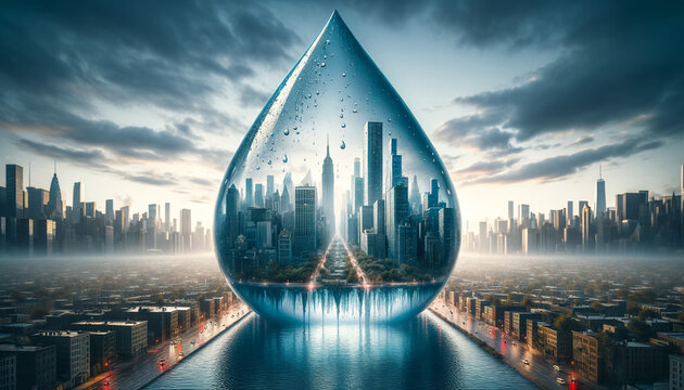 Surreal modern city skyline encapsulated inside giant water drop above river, perfect concept background for clean water, sustainability, climate change and smart eco city designs.