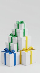 Stack of gift boxes isolated on white background with colorful ribbons