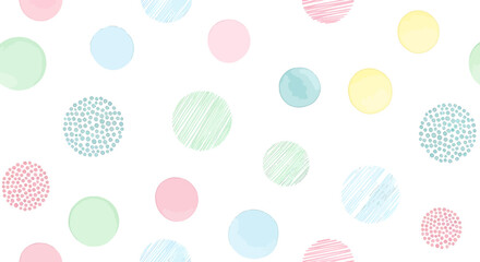 Pastel polka dot pattern with watercolor texture on white background.