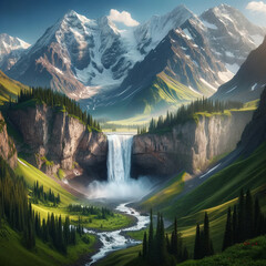 Epic mountain valley with snowy peaks, lush green hills and a powerful waterfall flowing into a winding river. Ideal cinematic landscape for posters, travel ads, wallpapers, fantasy art and branding.