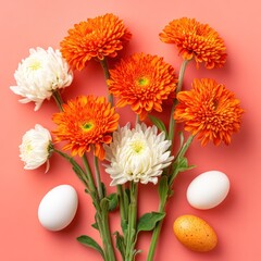 A vibrant floral arrangement of orange and white flowers alongside white and speckled eggs