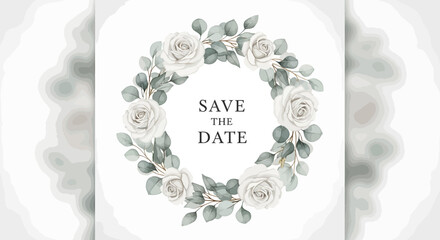 Save the date card with white roses and eucalyptus wreath.