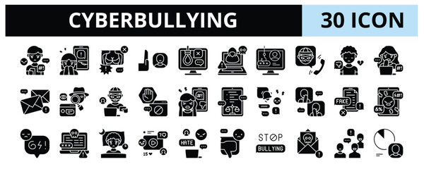 30 Cyberbullying Glyph Solid Icons - Exclude, Suicide, Spam, Spy, Fear, Gossip, Dislike, Blackmail
