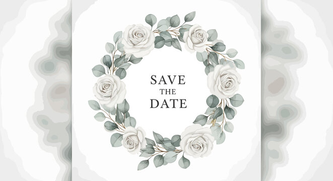 Save the date card with white roses and eucalyptus wreath.