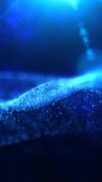 Glowing particles forming soft blue waves in a deep atmospheric digital landscape