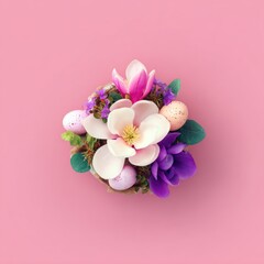 A top-down view of an Easter nest arrangement with flowers and pastel-colored eggs