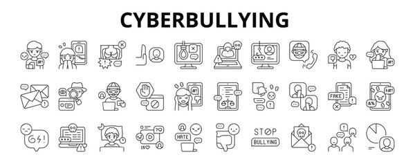 30 Cyberbullying Line Icons - Exclude, Suicide, Spam, Spy, Fear, Gossip, Dislike, Blackmail