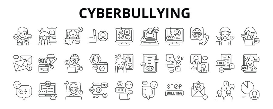 30 Cyberbullying Line Icons - Exclude, Suicide, Spam, Spy, Fear, Gossip, Dislike, Blackmail