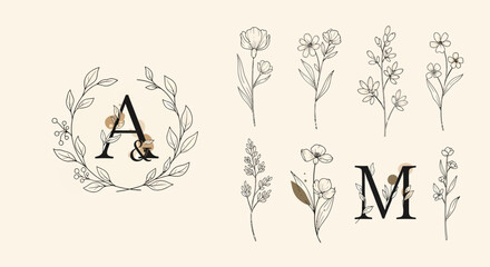 Elegant floral design with letters A and M, botanical illustrations.