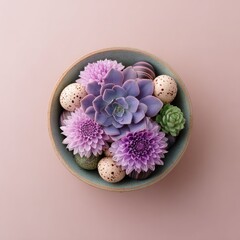 Overhead view of a teal bowl overflowing with purple flowers, succulents and speckled eggs