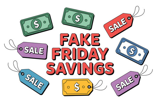 Fake Friday Savings depicted with sale tags and stylized money notes