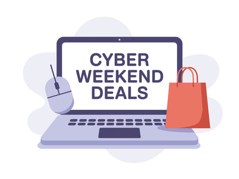 Cyber weekend deals are advertised on a laptop screen with a shopping bag and mouse.