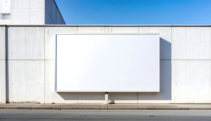 blank horizontal billboard on gray concrete wall by the street under blue sky