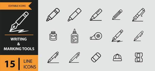 Fifteen writing and marking tools outline icons isolated on white background