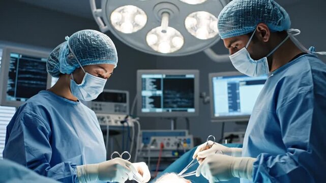 medical team performing complex surgery in a high-tech operating room - Powered by Adobe