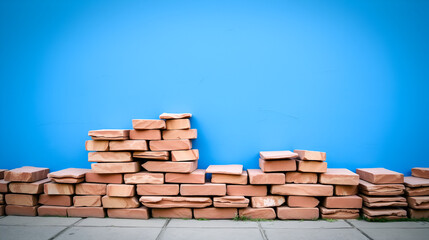 Stacked bricks in front of a blue wall