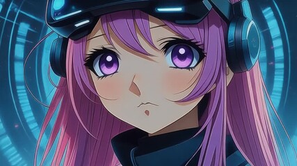 Immersive virtual reality experience with anime girl wearing VR headset in digital world - Powered by Adobe