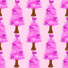 Pink Christmas tree with bow and festive holiday decorations