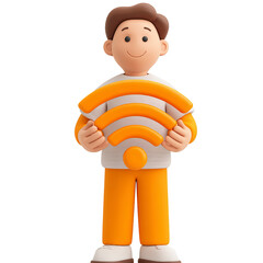 Man holding orange Wi Fi symbol isolated on a transparent background