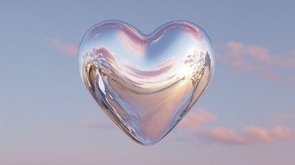 A glass heart floating in the sky, reflecting a beautiful sunset