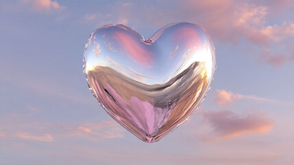 A heart-shaped balloon floats gracefully in a pastel-colored sky, symbolizing love and affection. The balloon reflects the ambient light, creating a soft, romantic atmosphere