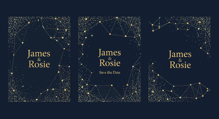 Elegant wedding invitation templates with constellation design in gold.