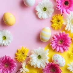 Easter-themed flat lay, eggs with floral accents on pink and yellow backgrounds