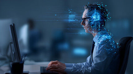 AI tech, artificial intelligence and big data analytics, innovative technology background. Software engineer using computer for data engineering, internet bot, data science