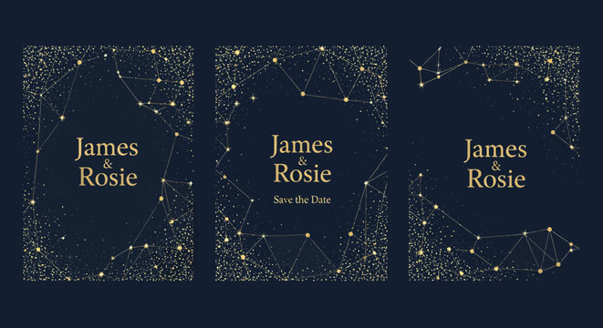 Elegant wedding invitation templates with constellation design in gold.