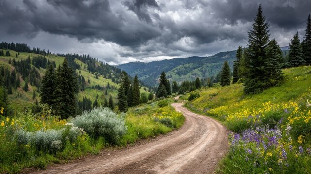 Scenic dirt road winding through vibrant green fields with colorful wildflowers under a dramatic cloudy sky, peaceful rural landscape for nature and outdoor photography - Powered by Adobe